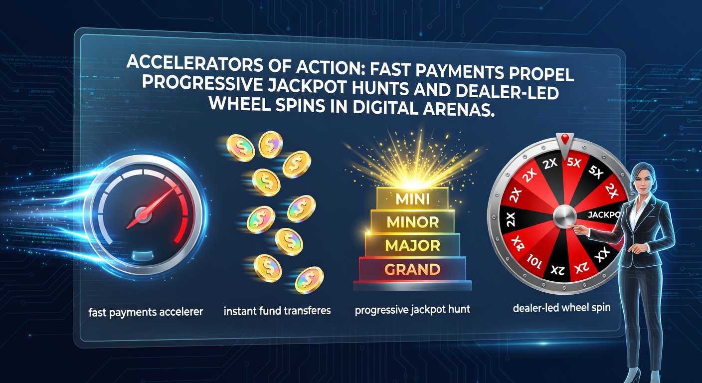 Dynamic digital casino interface showing a progressive jackpot meter climbing rapidly alongside a live dealer spinning a roulette wheel, with instant payment icons flashing in the background