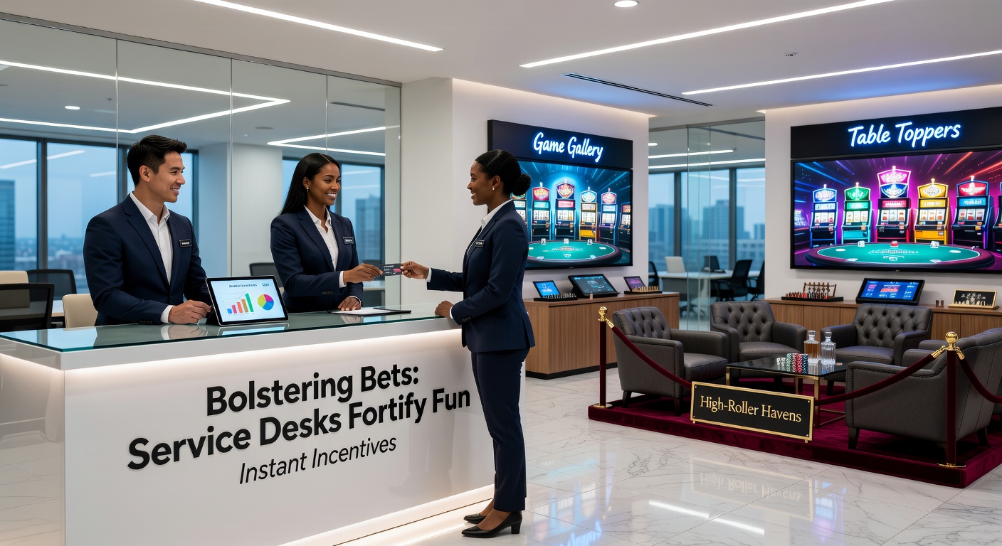 Vibrant casino floor with service desk agents assisting players amid slots and table games, highlighting support in action