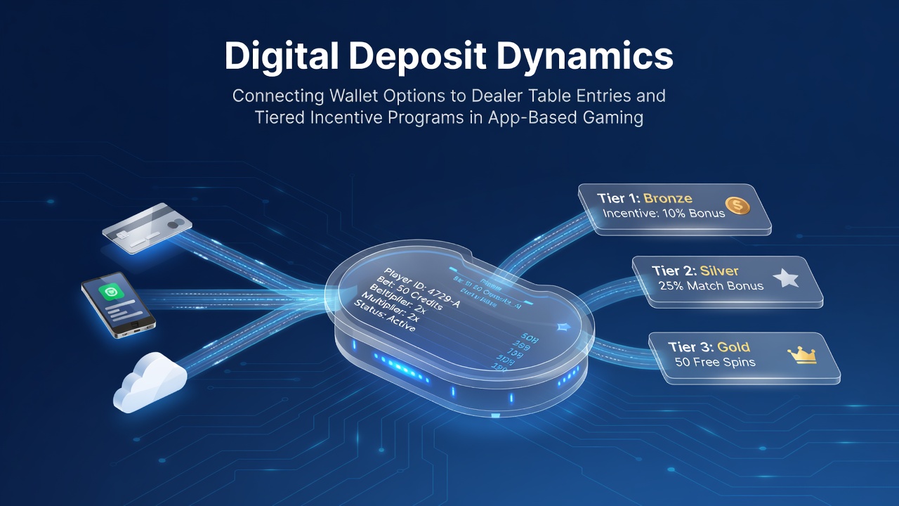 Mobile app interface showing digital wallet connections to live dealer tables and tiered rewards in app-based gaming