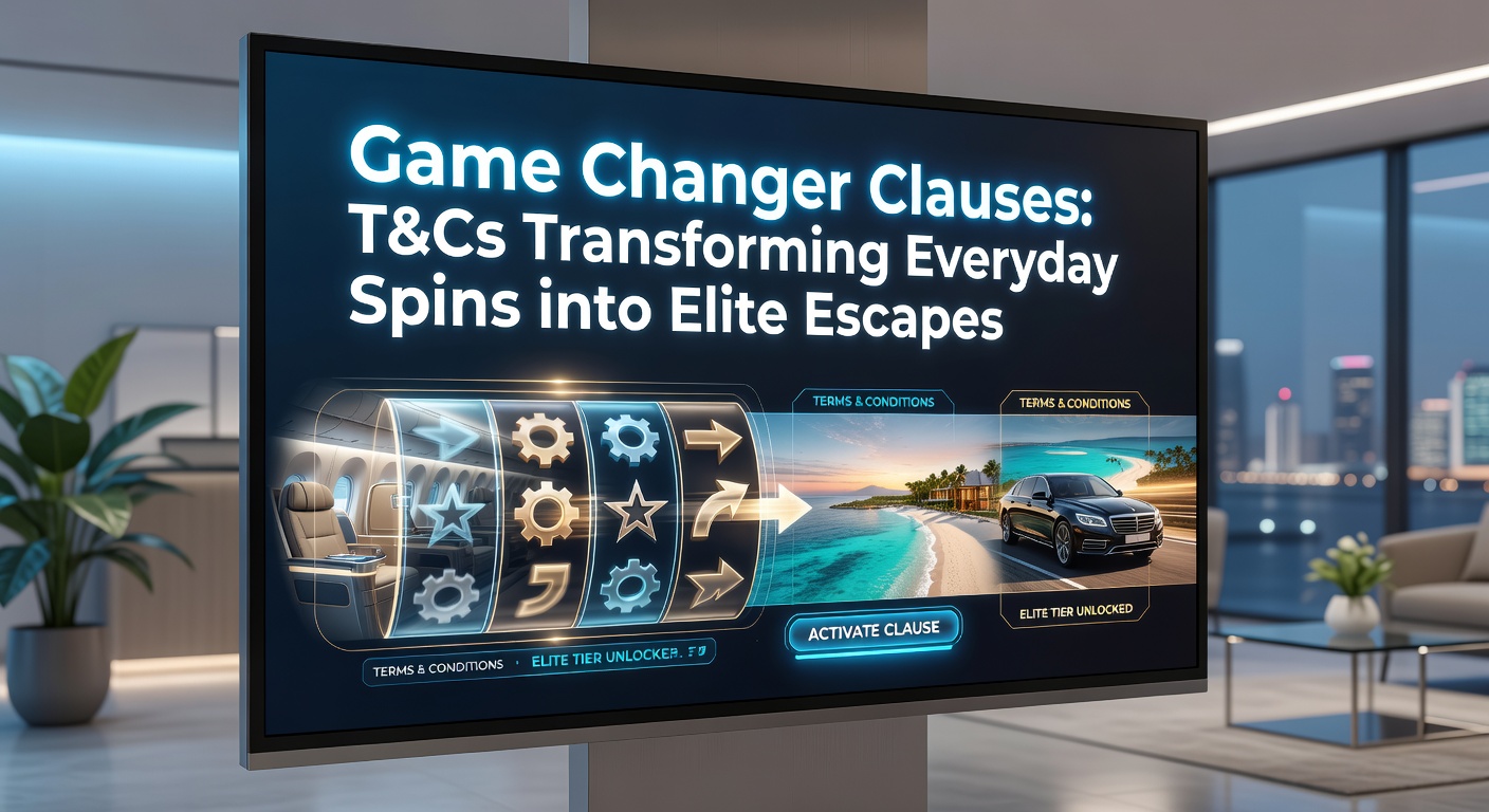 Vibrant slot reels morphing into luxury jet and casino suite, symbolizing T&Cs elevating casual play to VIP realms