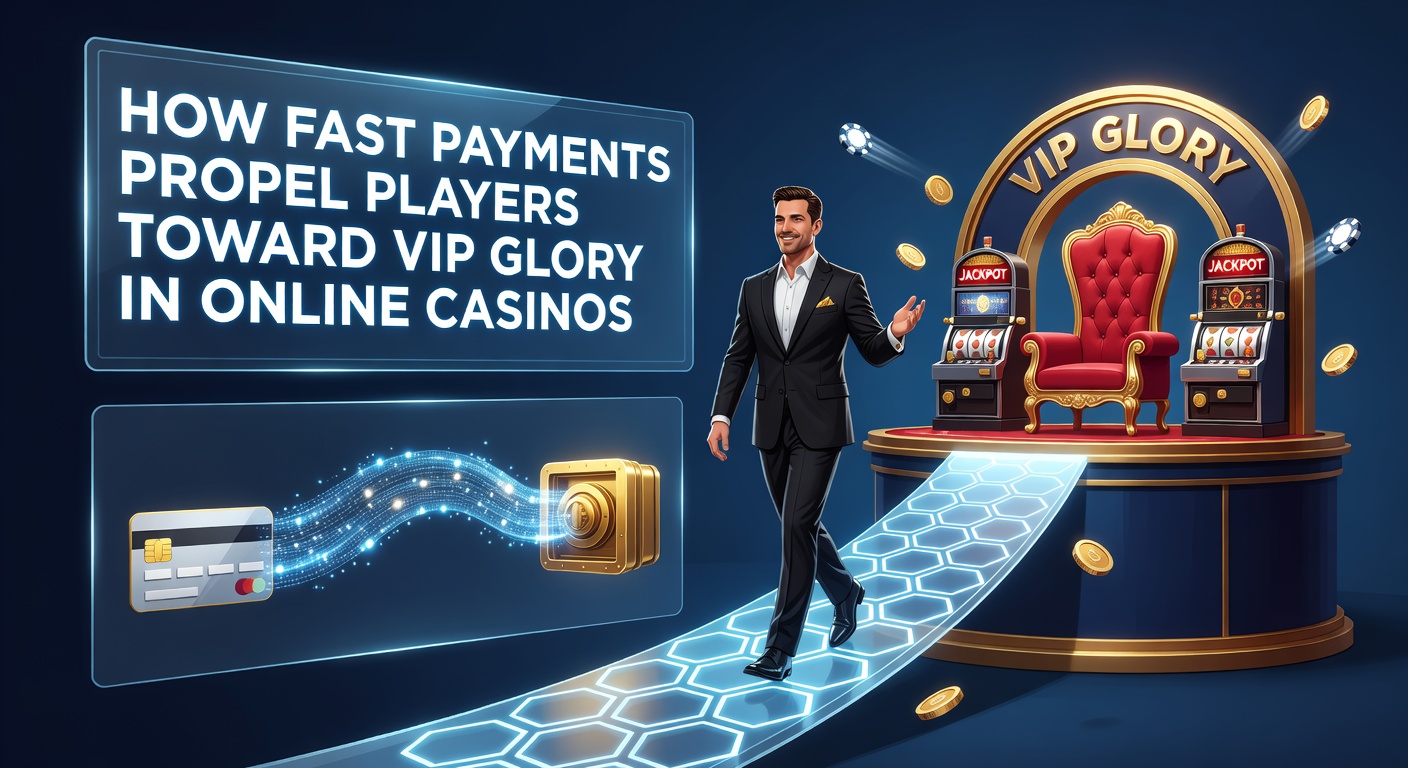 Digital interface showing instant payment confirmation speeding up a player's deposit in an online casino lobby, with VIP tier icons glowing in the background