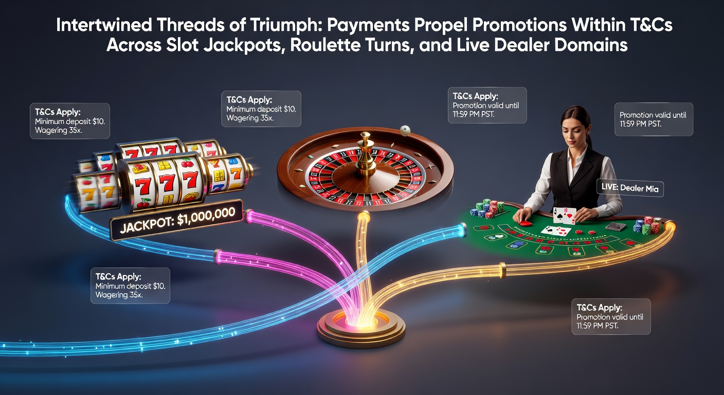 Digital threads connecting payment icons to jackpot slots, roulette wheels, and live dealer tables, symbolizing promotional pathways governed by T&Cs