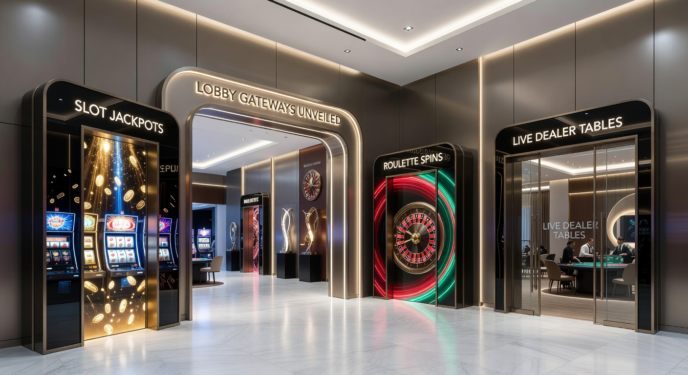 Close-up of interactive lobby gateways highlighting roulette spin previews, live dealer streams, and slot jackpot progress bars with seamless navigation flows