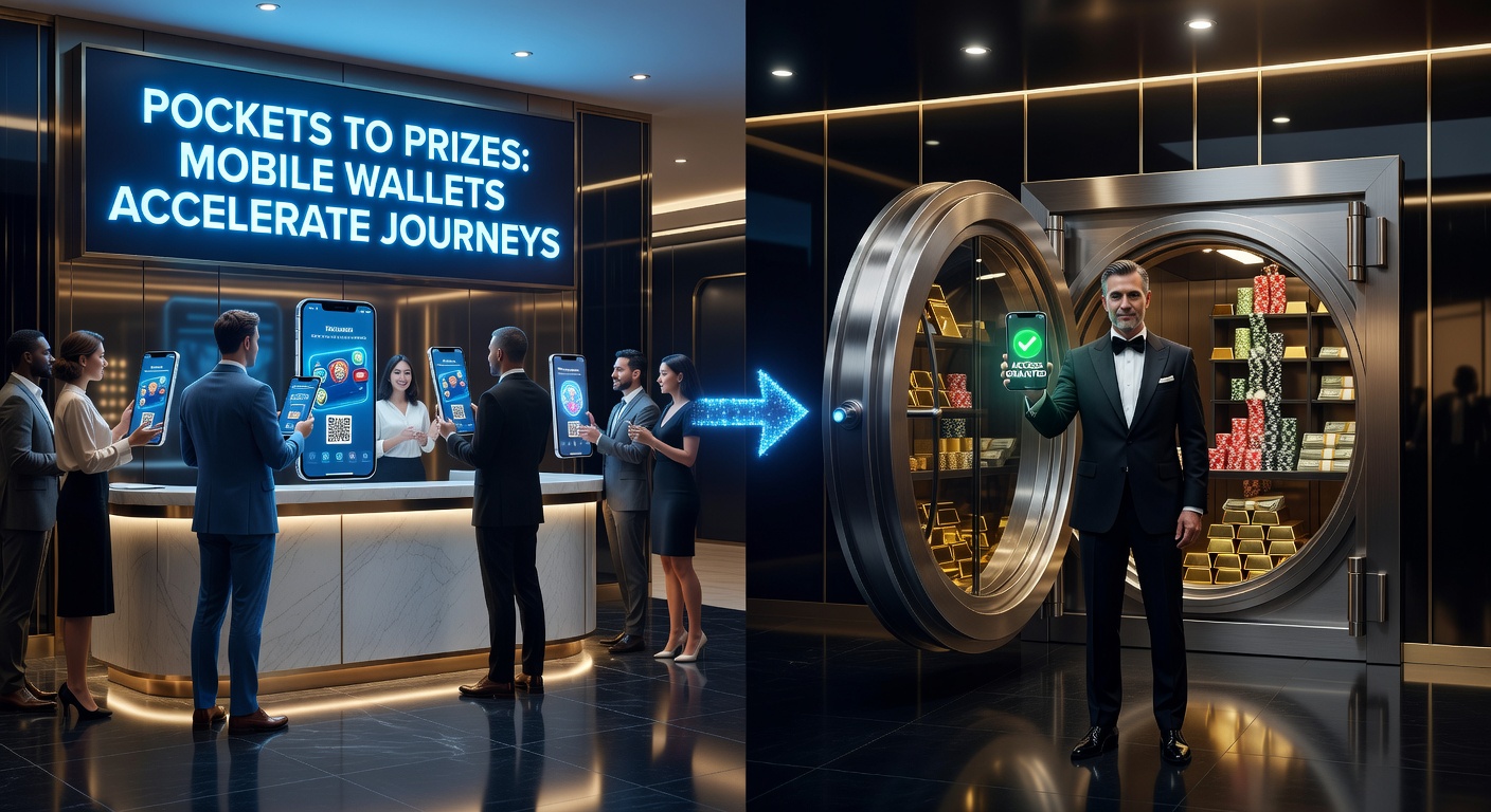 Smartphone displaying a mobile wallet app integrated with an online casino lobby, showing seamless deposit options and VIP tier progress