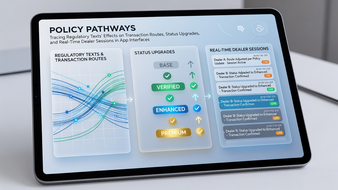 Regulatory documents and mobile app interfaces showing transaction flows and dealer sessions