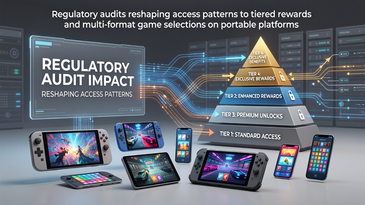 Regulatory audit documentation overlaying mobile casino interface with tiered reward indicators and game selection menus
