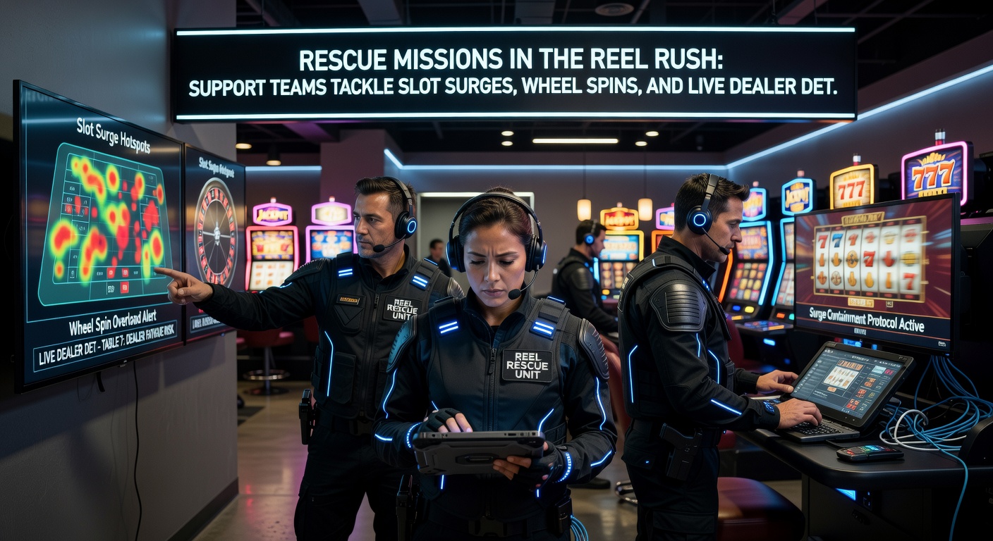 Live dealer roulette wheel spinning amid technical alerts on a support agent's multi-monitor setup, highlighting rapid troubleshooting