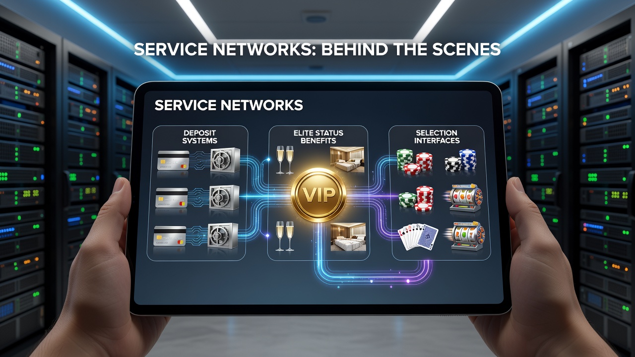 Backend service network diagram showing connections between deposit systems, VIP status tracking, and mobile game selection interfaces in casino applications