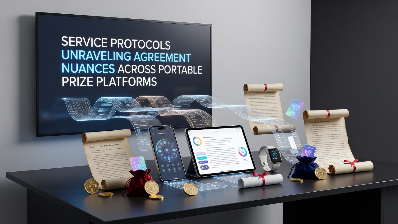 Mobile prize platform interface showing service protocol icons and agreement details on a smartphone screen
