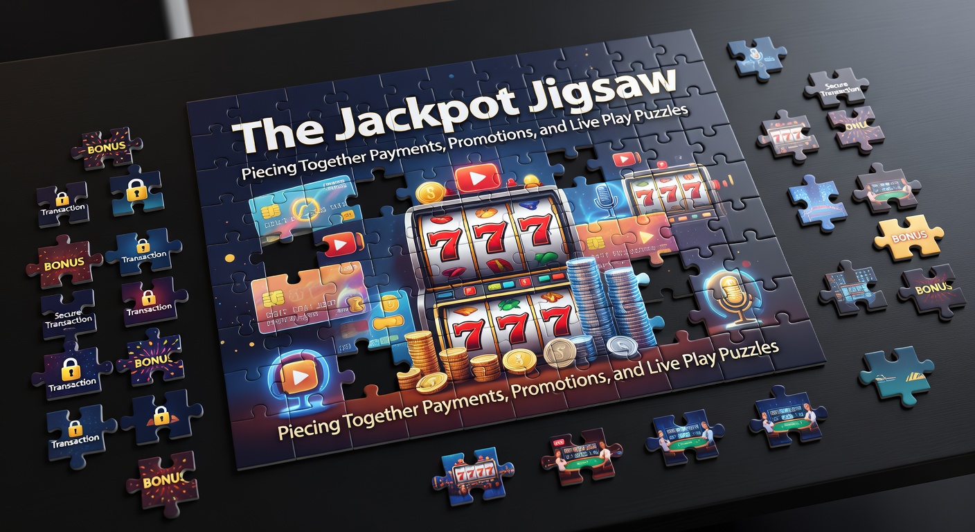 Digital puzzle pieces representing casino payments, bonus promotions, and live dealer games interlocking to form a jackpot symbol