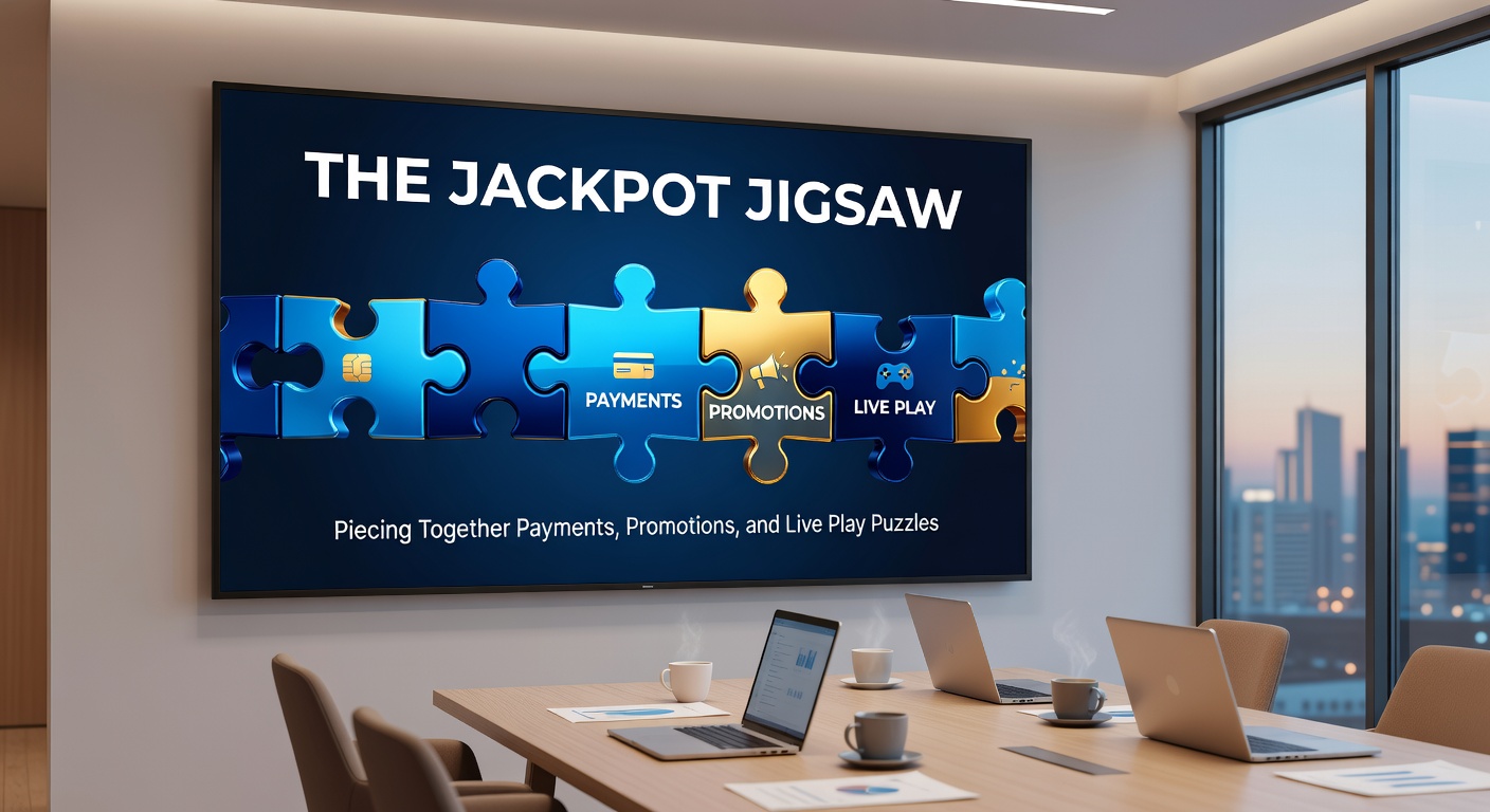 Interlocking gears showing payment flows merging with promo icons and live stream elements in a casino jackpot mechanism