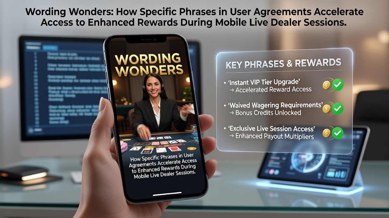 Illustration of mobile device showing live dealer interface with highlighted terms and conditions text overlay
